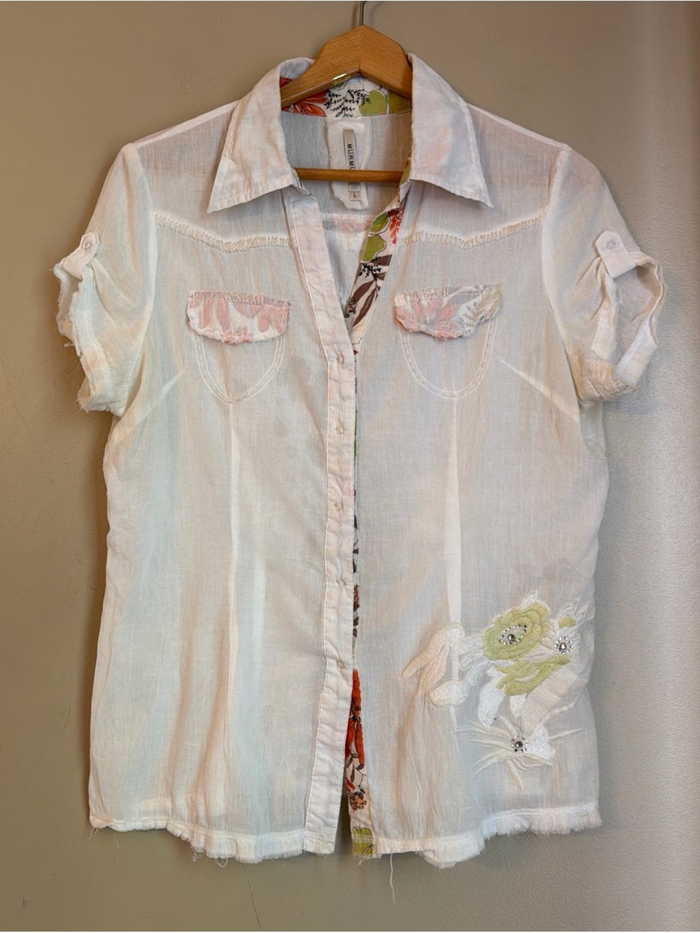 MUR MUR White Embellished With Embroidery Beaded Blouse Top Shirt Fitted Button